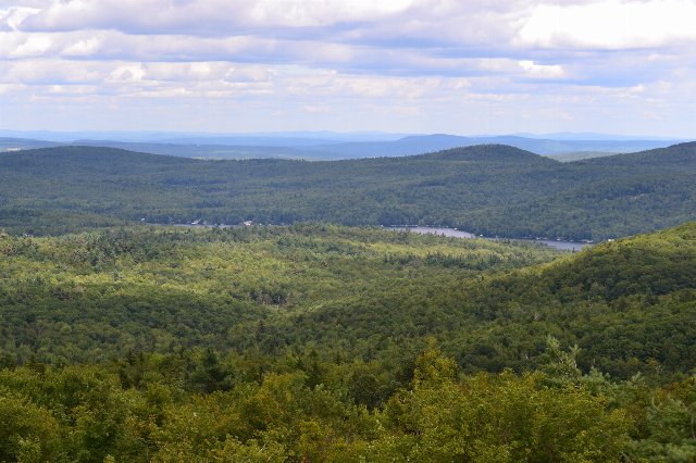 A completely forested landscape with a lake, and hills and low mountains in the background, under a bright, cloudy sky