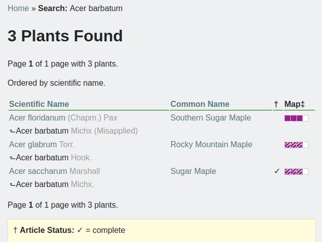 screenshot of Acer barbatum search, returning three entries with arrows explaining why