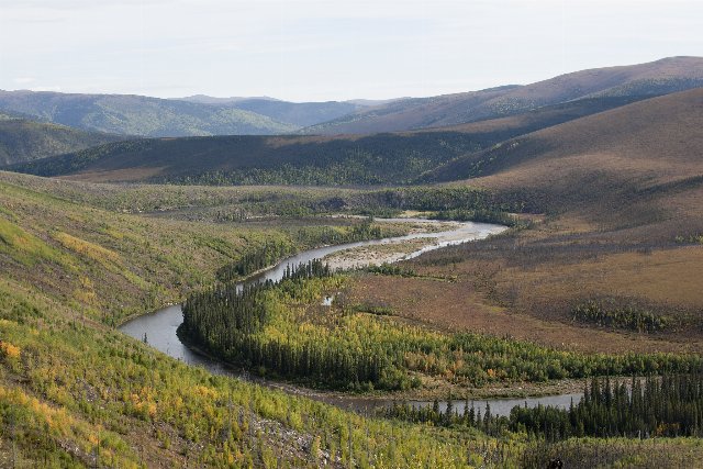 a river curving through a valley with sloped walls, with patchy forest interspersed with open meadows, in a hilly landscape