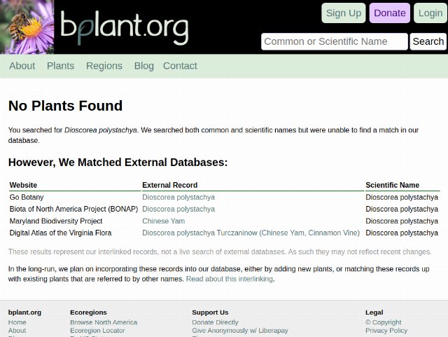 screenshot of bplant.org showing a search returning No Plants Found but showing a list of external links