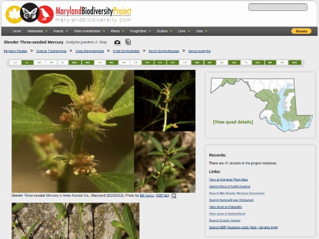 screenshot of a website showing closeup photos of plants on the left and a map of Maryland counties and links on the right