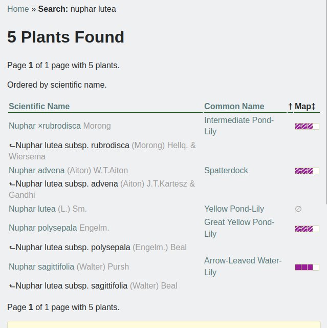 screenshot of Nuphar lutea search, returning species and 4 subspecies that have been reclassified into proper species