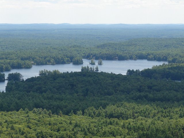 A forested landscape with a lake in the center, misty hills in the background.