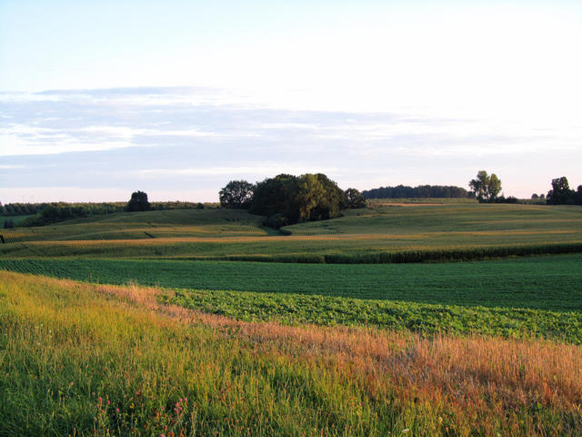 A landscape of cropland with rolling hills and low ridges, some covered by trees, under a partly cloudy sky.