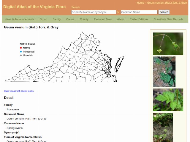 screenshot of a webpage with a county map of Virginia, and some small plant photos on the right and a bit of text below