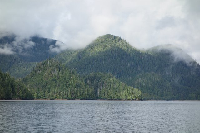 Steep, round-topped mountains covered in evergreen forest, with dense clouds, and water in the foreground.