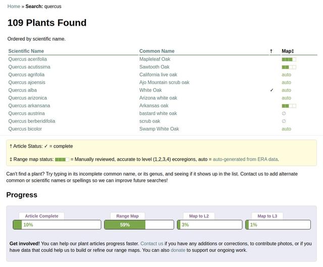 A screenshot of search results for quercus, with progress bars in the results and also in a section at the bottom