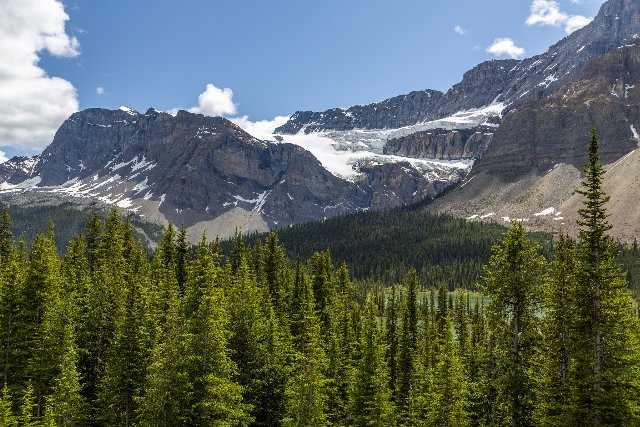 A landscape showing long, dark ridges of mountains in the background and rich green coniferous forest in the foreground